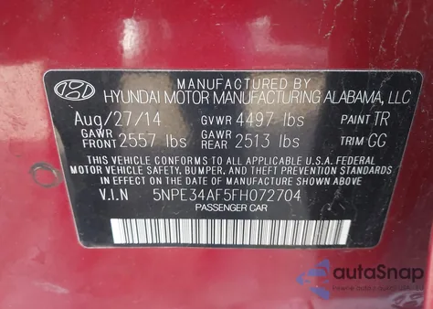 2015 Hyundai Sonata Sport z USA, uszkodzony, nr VIN 5NPE34AF5FH072704